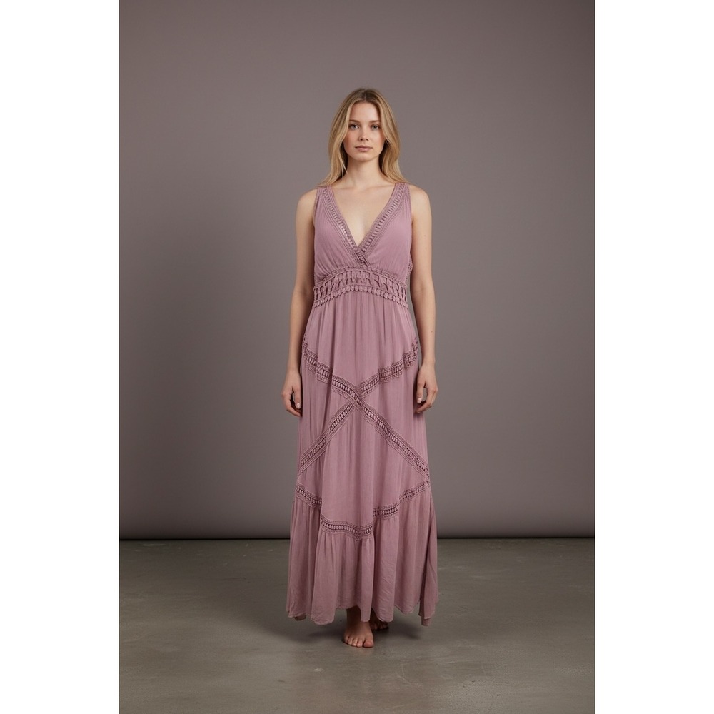 Max Studio V Neck Maxi Dress Dusty Rose Crochet Lace Tiered Boho Festival 14‎